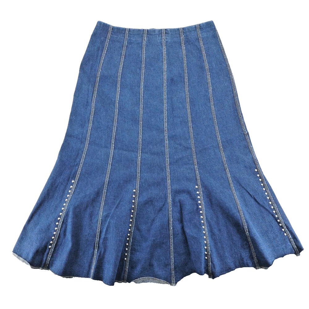 Y2K Denim Maxi Skirt Rhinestone Studded Boho Western Flare Jean Skirt Size 14 - Picture 2 of 8